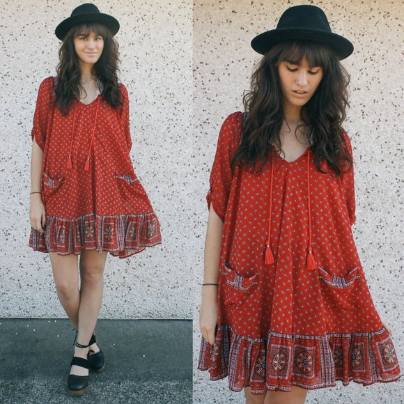 Free People Dresses & Skirts - Free People Penny Lane Boho Print Tiered Ruffle Peasant Tassel Pocket Mini Dress